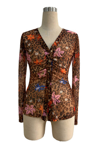 Floral Leopard Print Button-Front Blouse
