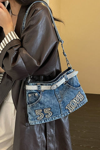 Rhinestone Belted Denim Tote Bag