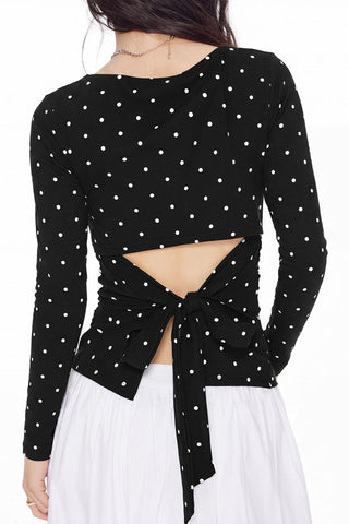 Polka Dot Long Sleeve Tie Back Blouse
