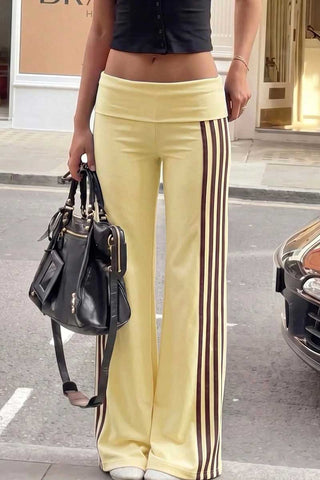 Striped Wide-Leg Fold-Over Casual Pants