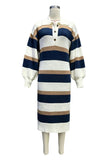 Striped Ribbed Knit Polo Midi Dress