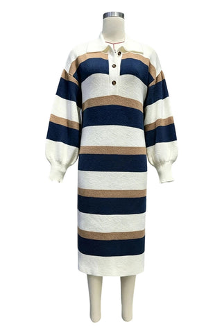 Striped Ribbed Knit Polo Midi Dress