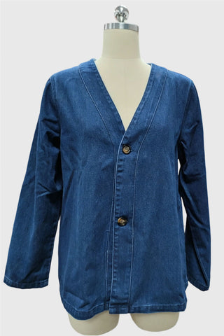 Button-Front V-Neck Denim Jacket