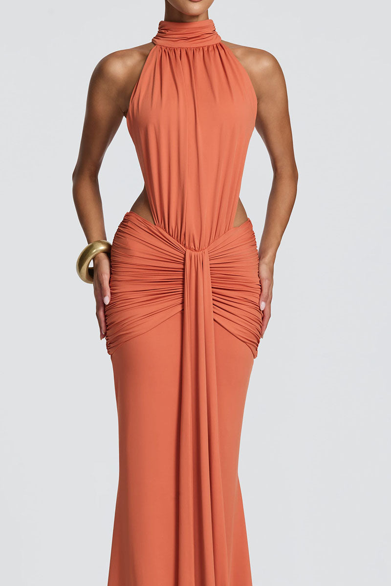 Ruched High-Neck Bodycon Maxi Dress