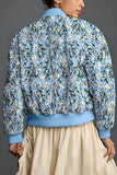 Floral Print Ribbed Trim Zip-Up Bomber Coat