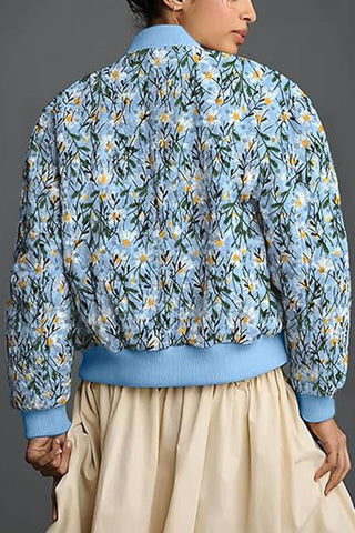 Floral Print Ribbed Trim Zip-Up Bomber Coat