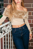 Faux Fur Off-Shoulder Long Sleeve Crop Top