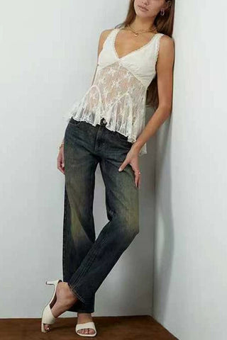 Sheer Floral Lace V-Neck Ruffle Tank