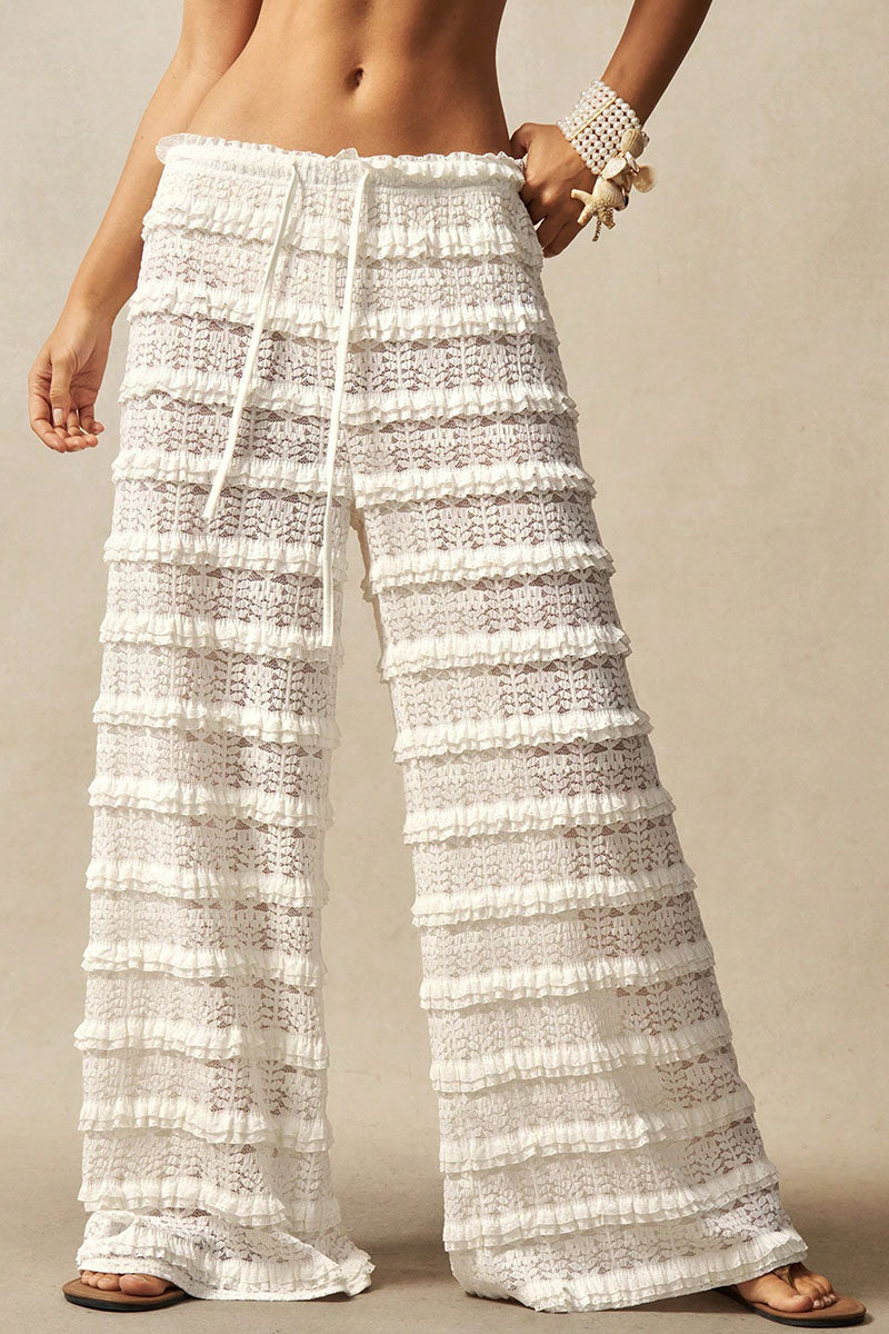 Lace Ruffle Drawstring Wide Leg Pants