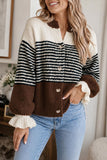 Striped Button-Front Ruffle Cuff Cardigan