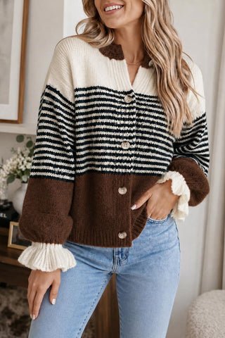 Striped Button-Front Ruffle Cuff Cardigan