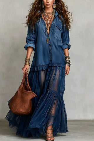 Boho Sheer Panel Maxi Shirt Dress