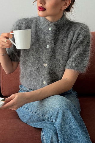 Mock Neck Short Sleeve Button Front Cardigan