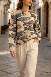 Fish Print Crew Neck Knit Sweater