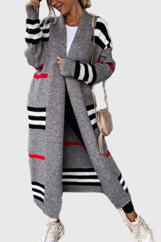 Striped Patchwork Open Front Long Cardigan