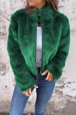 Faux Fur Zip-Front Collared Coat