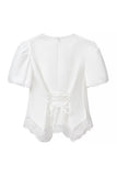 Round Neck Puff Sleeve Lace Trim Drawstring Blouse