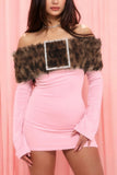 Faux Fur Rhinestone Off-Shoulder Bodycon Dress