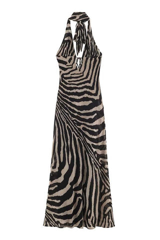 Zebra Print Halter Tie-Neck Maxi Dress