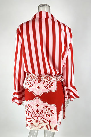Striped Bell Sleeve Wrap Skirt Set