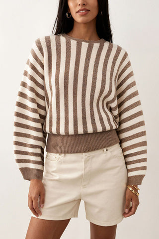 Striped Ribbed Hem Crew Neck Sweater