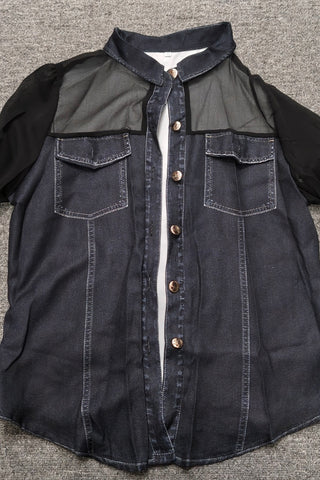 Sheer Sleeve Button-Front Denim Shirt