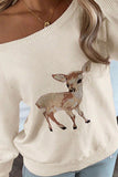 One-Shoulder Fawn Intarsia Knit Sweater