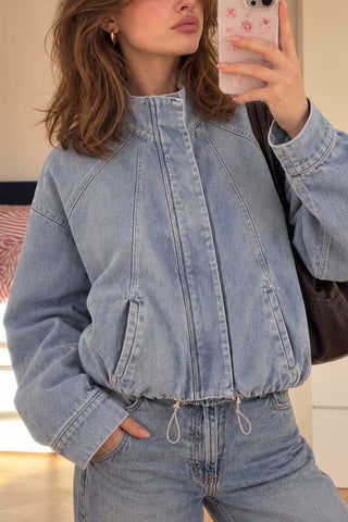 Stand Collar Zip-Up Drawstring Hem Jacket