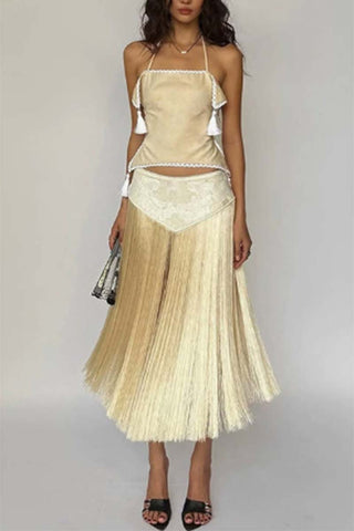 Halter Tassel Detail Skirt Set