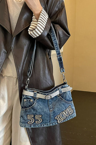 Rhinestone Belted Denim Tote Bag