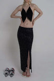 Sequin High-Waist Slit Midi Skirt