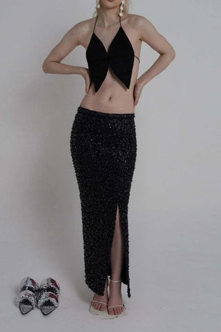 Sequin High-Waist Slit Midi Skirt