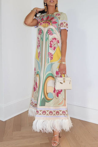Fringe Short Sleeve Floral Maxi Dress