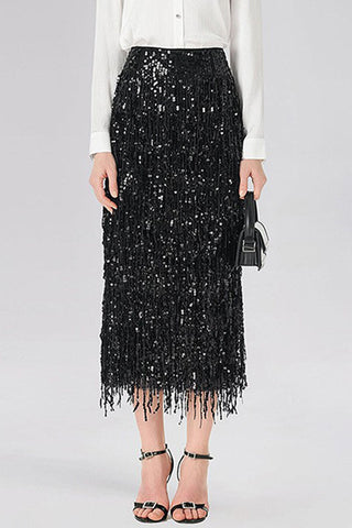 Sequin Fringe High-Waist Midi Skirt