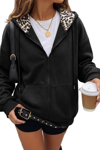 Leopard Detail Zip Front Hoodie