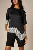 Satin Crew Neck Lace Trim T-Shirt