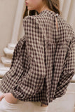Plaid Mock Neck Puff Sleeve Blouse