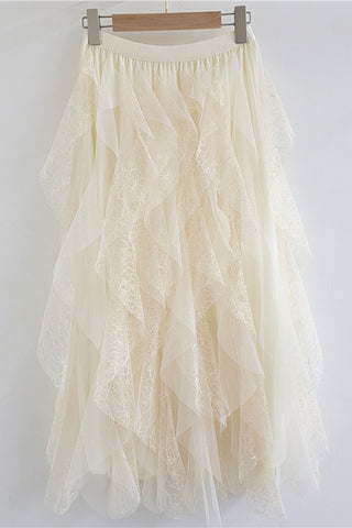 Layered Lace Mesh Ruffle Midi Skirt
