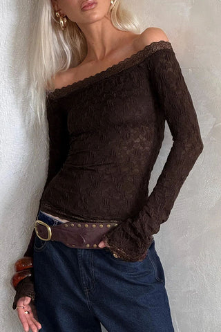 Off-Shoulder Lace Ruched Long Sleeve Top