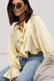 Ruffle V-Neck Tie Sleeve Satin Blouse