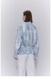 Pleated Long-Sleeve Blouse with Tie and Ruffled Hem