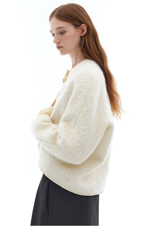 Button-Front Cropped Woolen Jacket