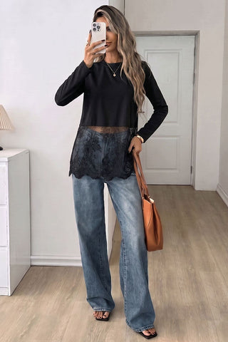 Sheer Lace Hem Long Sleeve Crew Neck Top