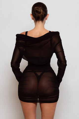 Sheer One-Shoulder Ruched Bodycon Dress