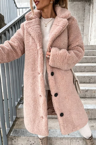Faux Fur Collar Button-Front Long Coat
