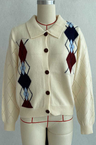 Argyle Knit Collared Button-Front Cardigan