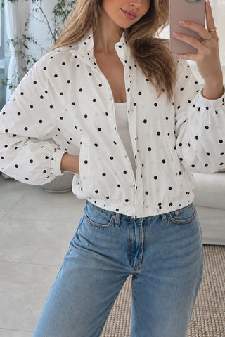 Polka Dot Stand Collar Zip-Up Jacket