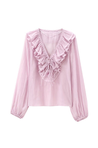 Ruffle V-Neck Puff Sleeve Blouse