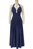 Ruched Halter V-Neck Maxi Casual Dress