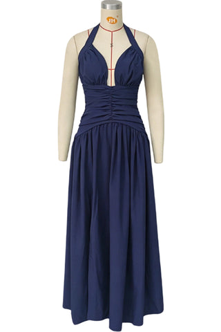 Ruched Halter V-Neck Maxi Casual Dress